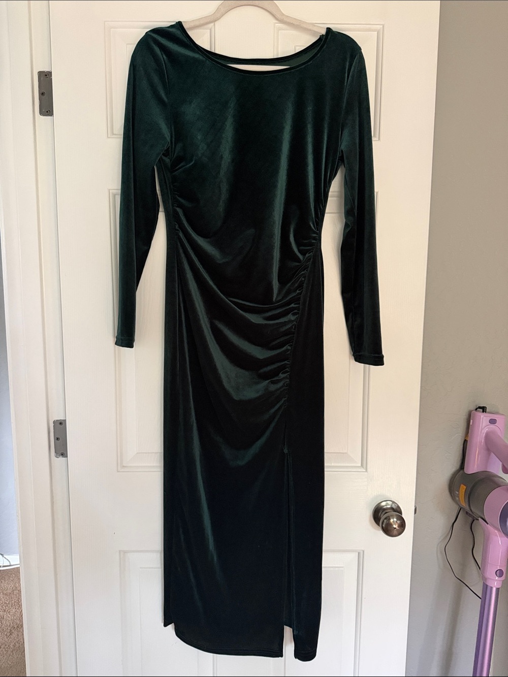SHEIN Dark Green Velvet Long Sleeve Ruched Maxi Dress